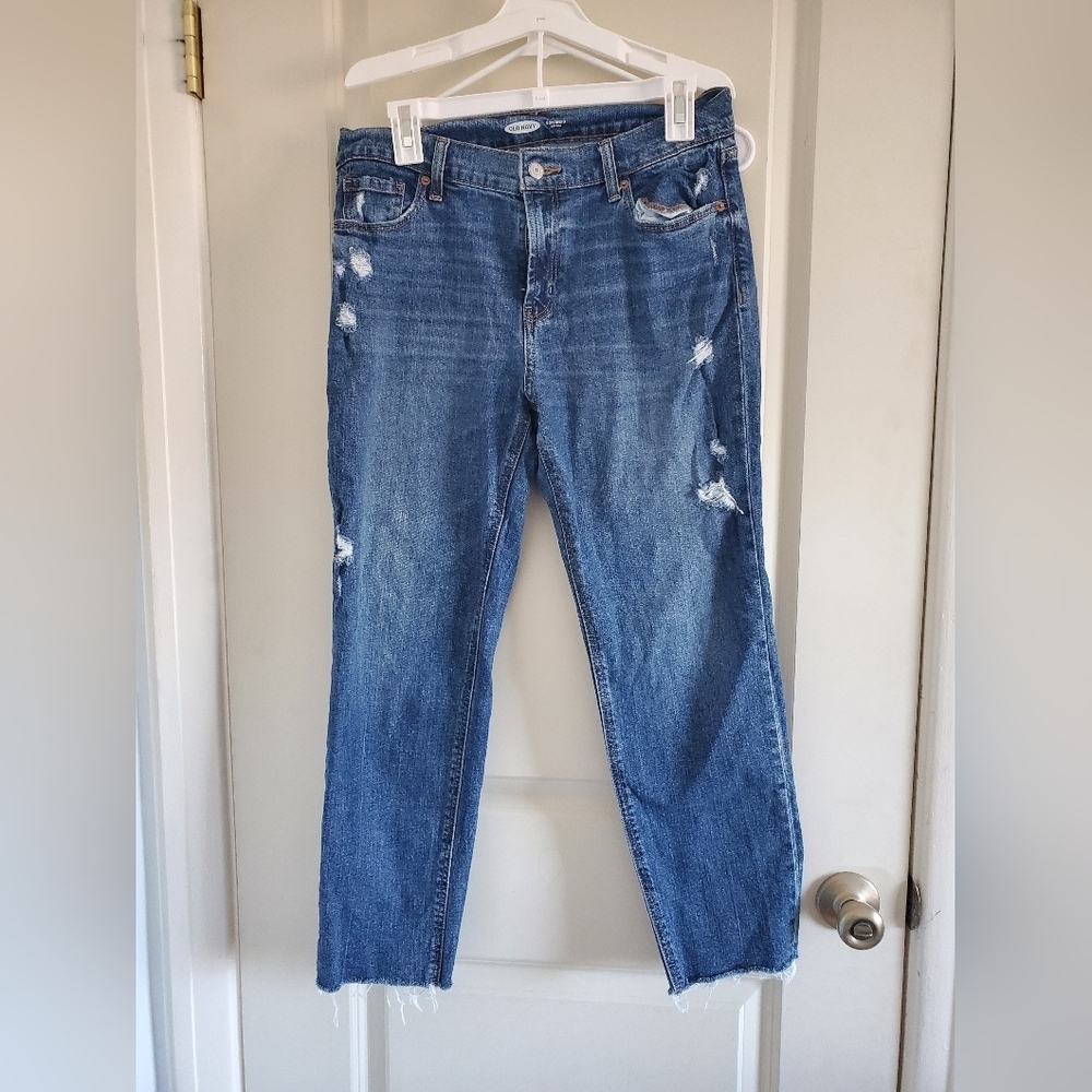 Old Navy Boyfriend Mid Rise Medium Wash Light Distressed Straight Leg Jeans